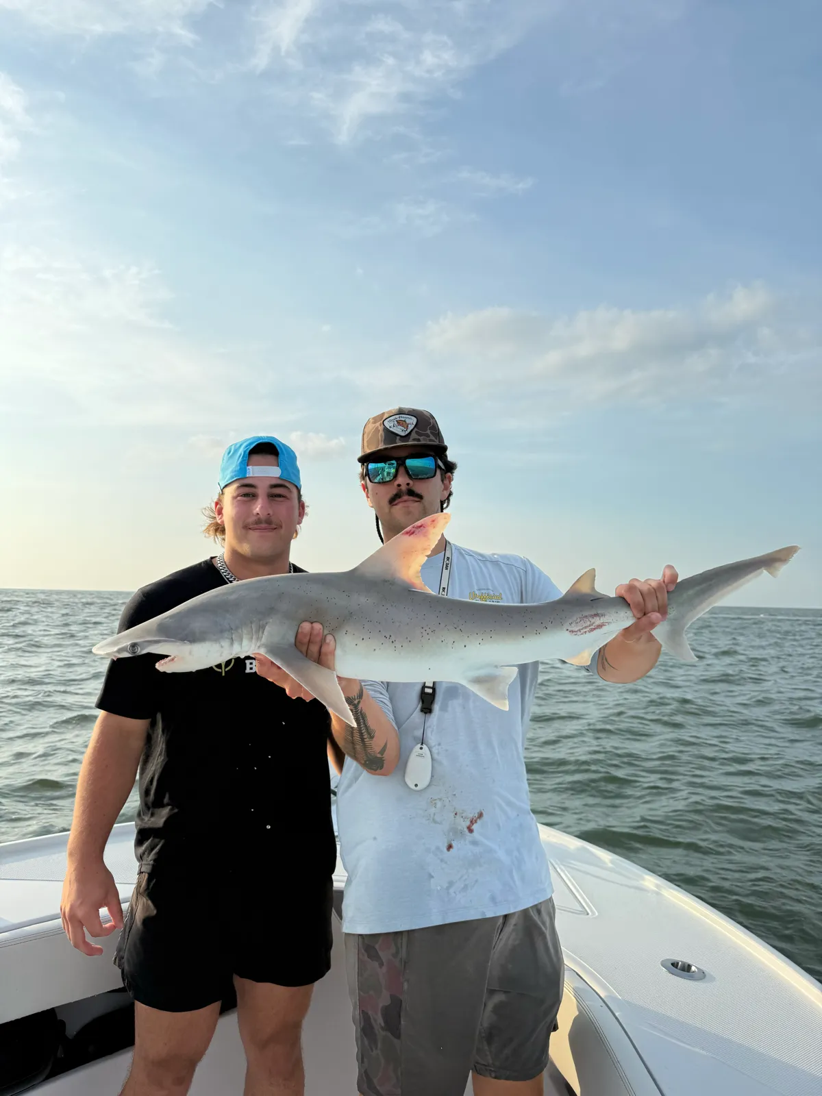 Two guests holding a small shark boat-side at dusk